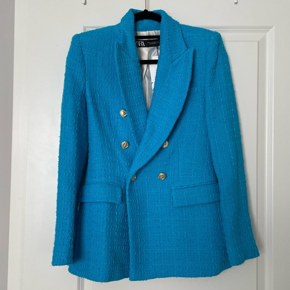 Zara Double Breasted Textured Blazer Blue/turquoise - Picture 2 of 4